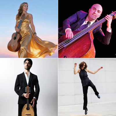 gevierteltes Bild bestehend aus den Musikern Julia Malischnig, Alon Sariel, Alexander Lackner und der Tänzerin Sabine Hasicka 