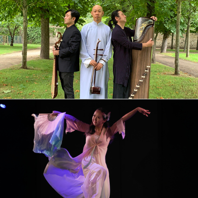 zweigeteiltes Bild; oben befindet sich das Guo Gan Swordmen Trio. unten die Tänzerin Dai Mengjia